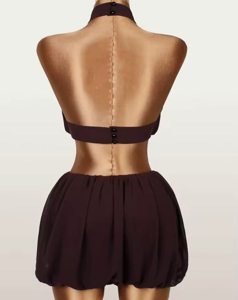 Women Sexy Brown Halter Open Back Sleeveless Two Piece Skirt Set