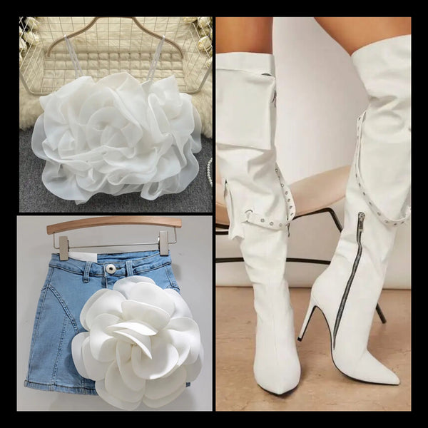 Women Sexy Fashion White Floral Denim Skirt