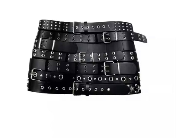 Women Fashion Black Belted Rivet Faux Leather Skirt