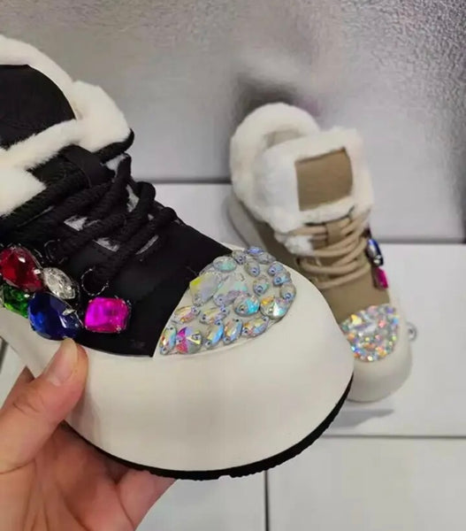 Women Fashion Platform Colorful Gem Faux Fur Patchwork Sneakers