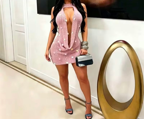 Sexy Knitted Draped Halter Open Back Sleeveless Dress