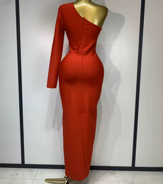 Women Sexy Red One Shoulder Full Sleeve Cut Out Maxi Dress