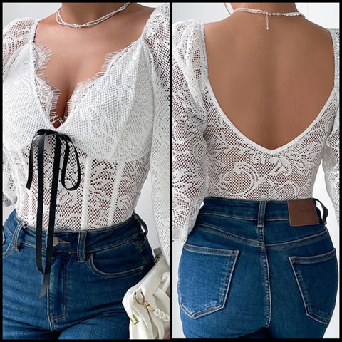 Women White Sexy Full Sleeve Lace Bodysuit Top