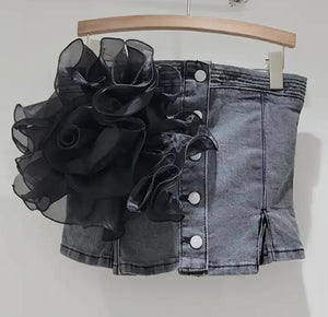 Women Fashion Button Up Strapless Denim Floral Crop Top