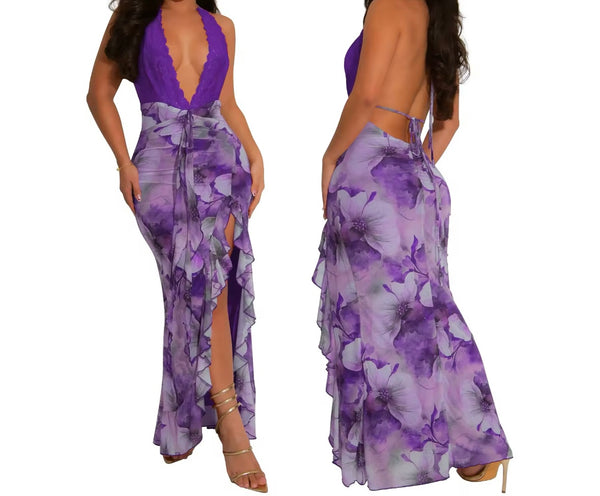 Women Sexy Halter Sleeveless Color Printed Maxi Dress