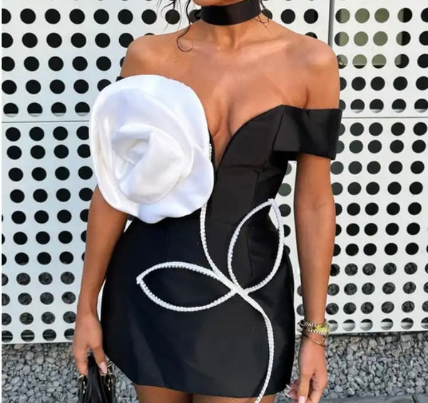 Women Sexy Black Off The Shoulder 3D Floral Print Dress