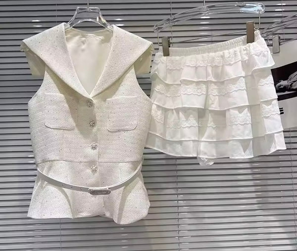 Women Collar Button Up Sleeveless Blazer Two Piece Ruffle Skirt Set