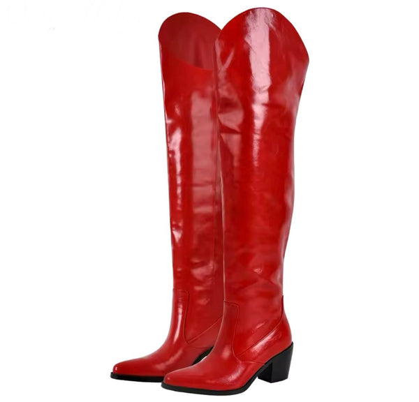 Women Red Fashion Faux Leather Knee High Western Boots