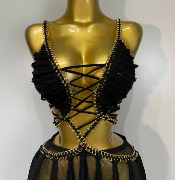 Women Sexy Sleeveless Chain Lace Up Mesh Maxi Dress