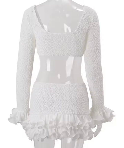 Women Sexy White Ruffled Full Sleeve Crop Two Piece Skirt Set