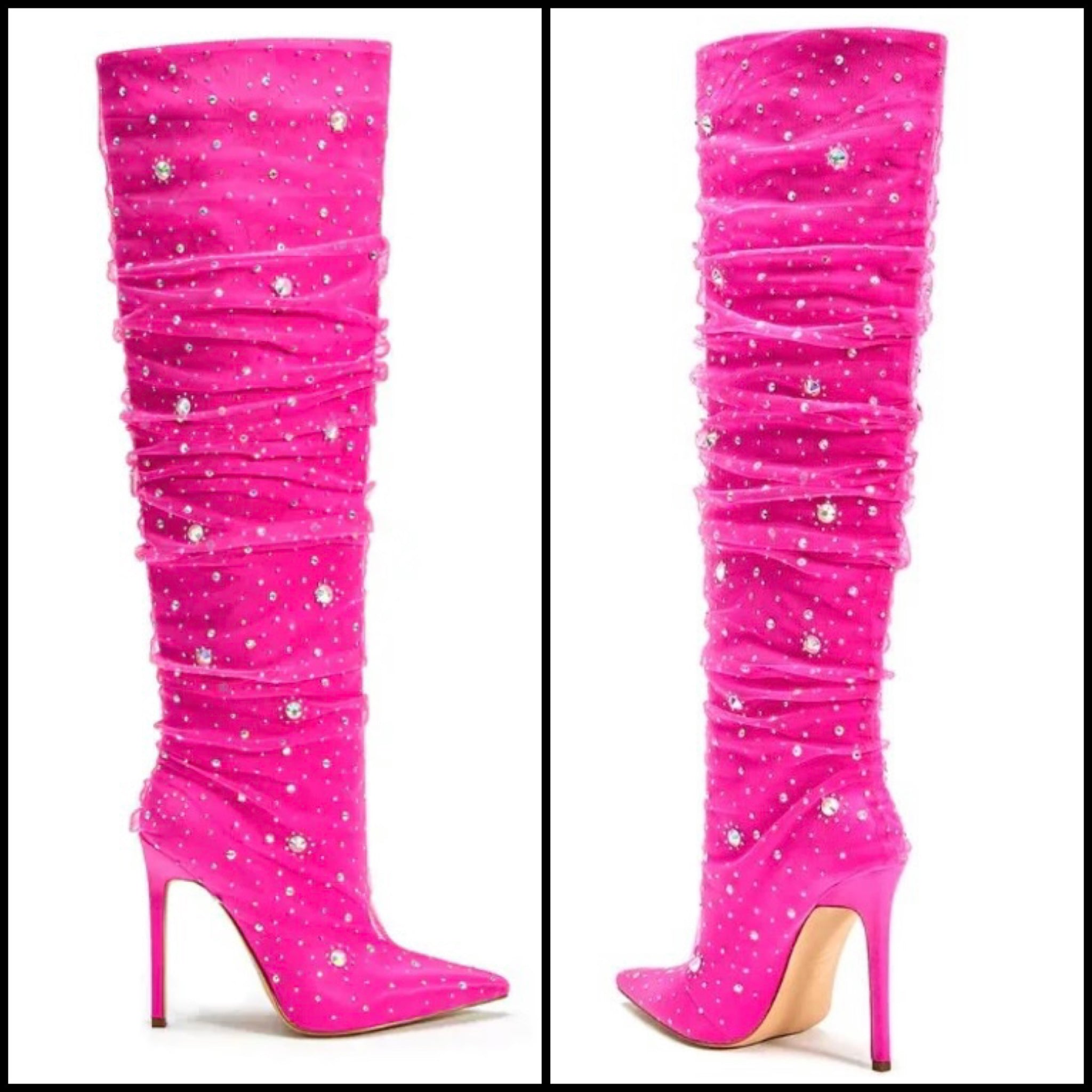 Women Pink Bling Rhinestone Fashion Knee High Boots