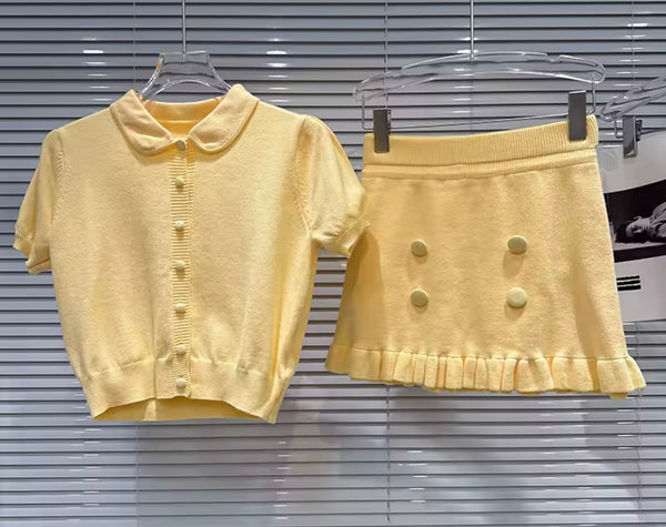 Women Collar Button Up Short Sleeve Two Piece Skirt Set
