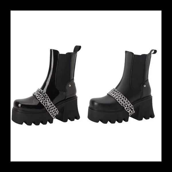 Women Black Fashion Chain Platform Ankle Boots