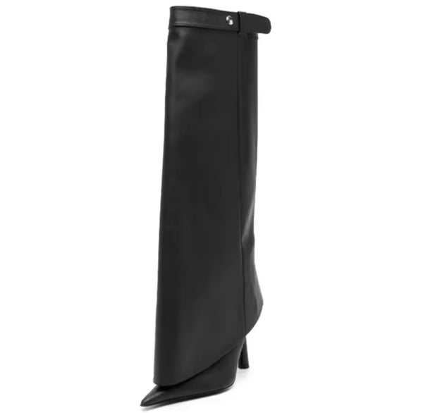 Women Black Pointed Toe Buckled Faux Leather Knee High Boots