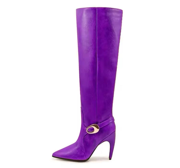 Women Buckled Faux Leather Fashion High Heel Knee High Boots