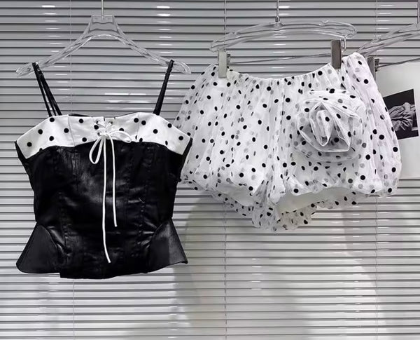 Women Sexy Sleeveless B&W Polka Dot Two Piece Skirt Set