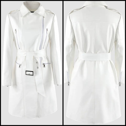 Women White Fashion Faux Leather Belted Jacket