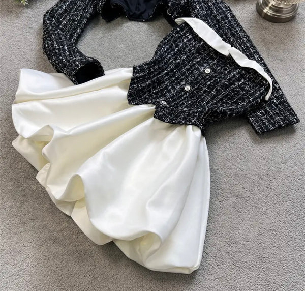 Women Contrast Stitching Tweed Sexy Two Piece Dress