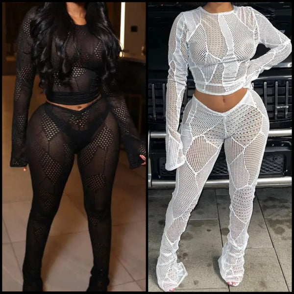 Women Sexy See Through Full Sleeve Two Piece Pant Set