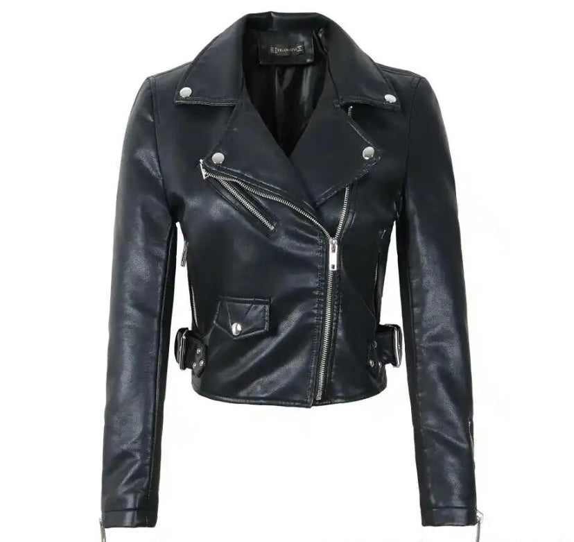 Women Color Fashion Faux Leather Jacket