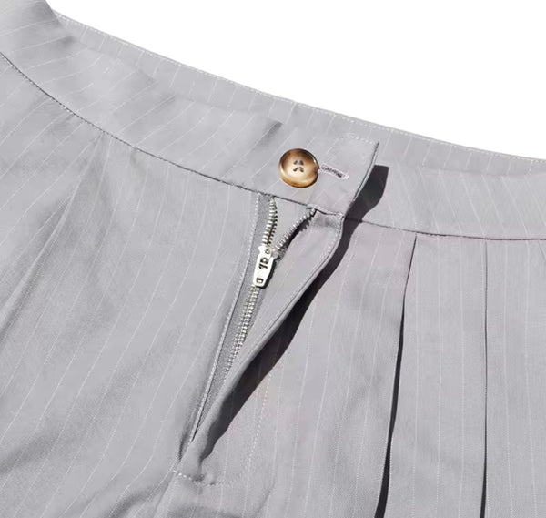 Women Gray Pinstriped Off The Shoulder Buckled Two Piece Pant Set