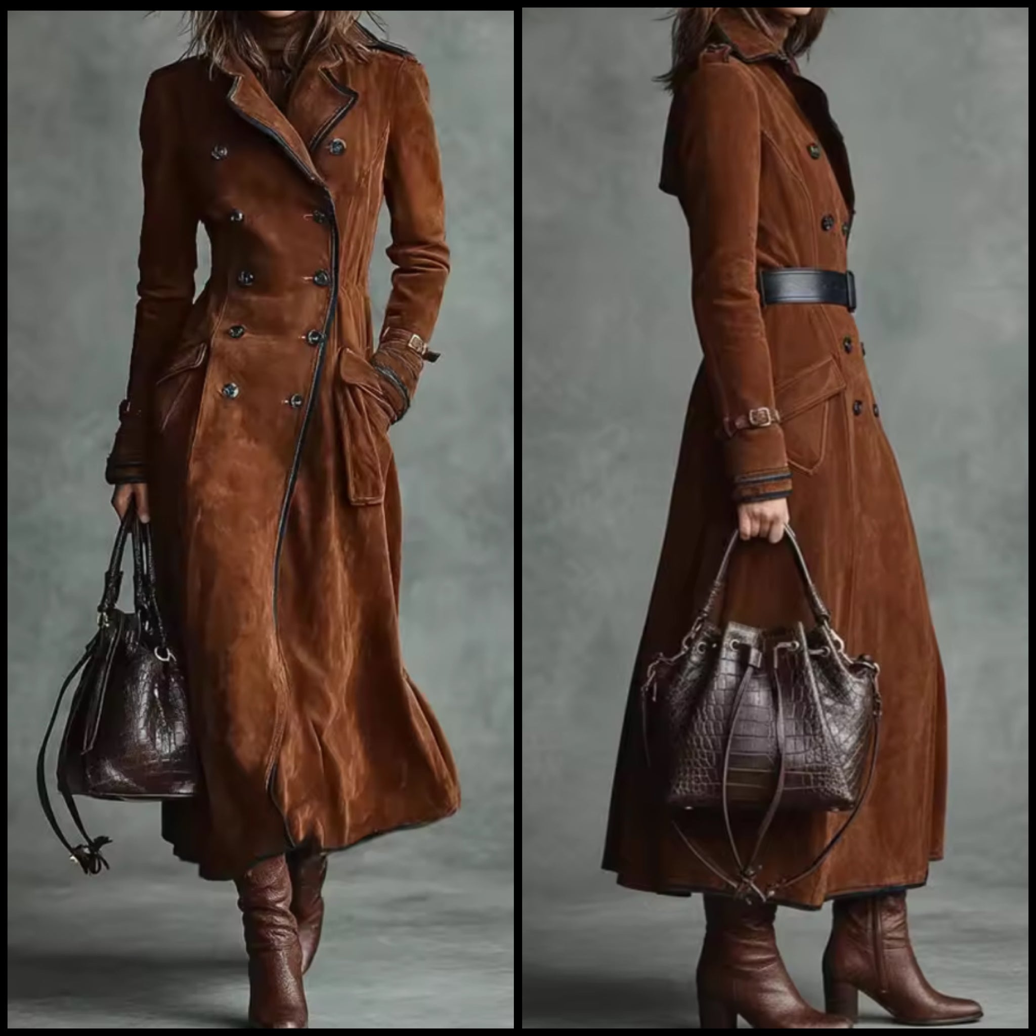 Women Fashion Brown Suede Button Up Trench Jacket