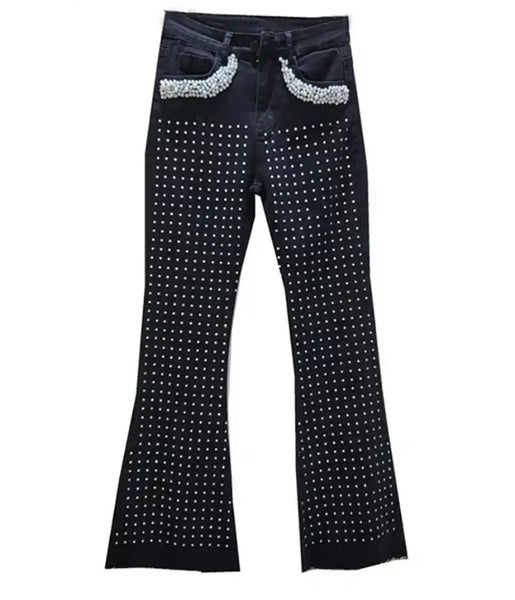 Women Fashion Bling Rivet Denim Pants