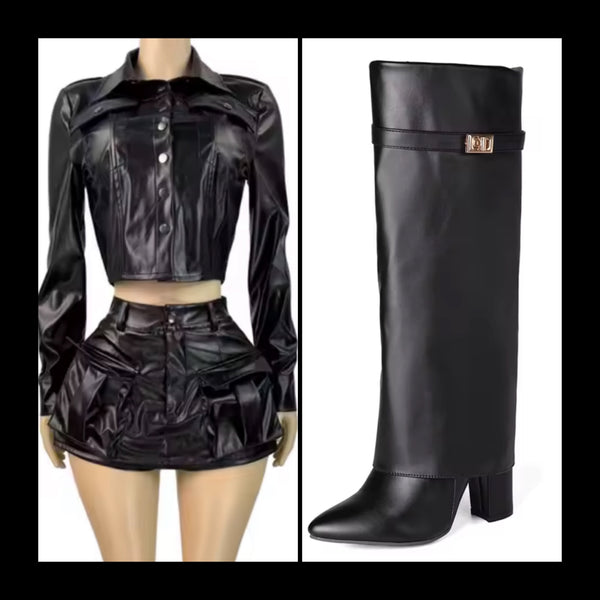 Women Pointed Toe Buckled Fashion Faux Leather Knee High Boots