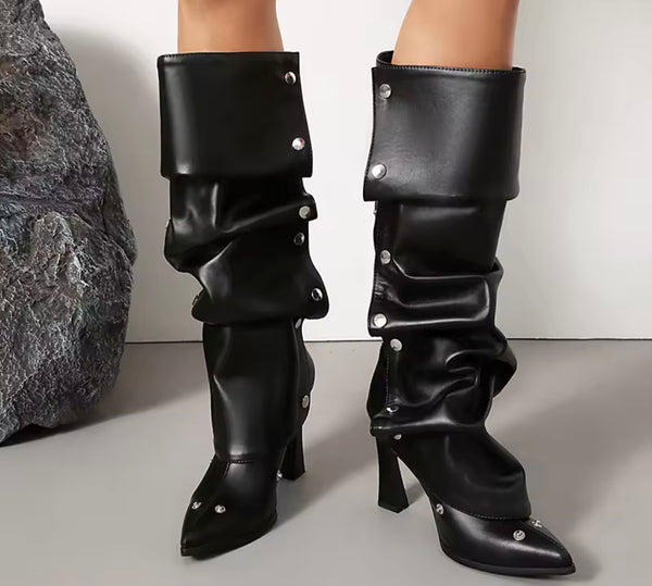 Women Fashion Color Button Ruched Knee High Boots