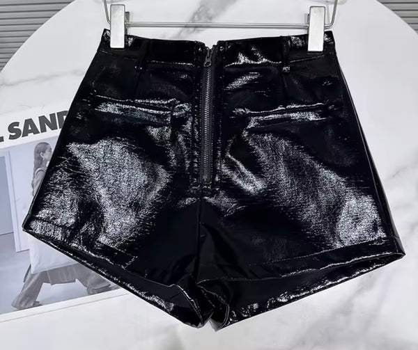 Women Fashion Zip Up High Waist Faux Leather Shorts