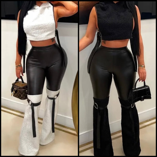 Women Sexy Sleeveless Hooded Crop Two Piece Buckled Pant Set