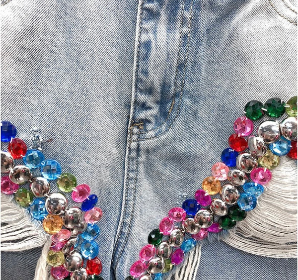 Women Fashion Ripped Colorful Rhinestone Denim Shorts