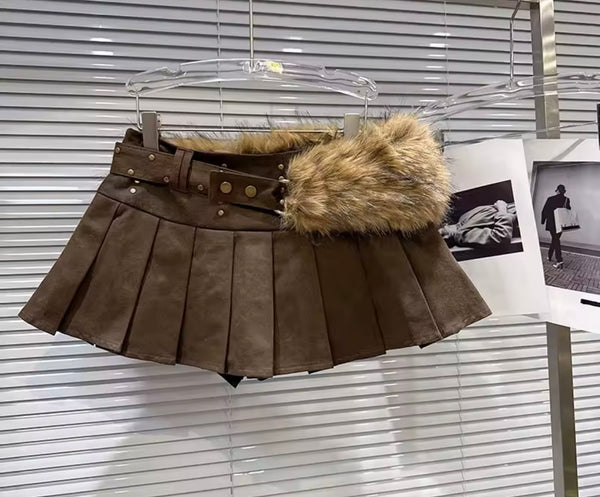 Women Fashion Fur Patchwork Jacket Two Piece Pleated Skirt Set