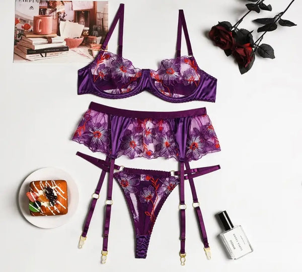 Women Sexy Floral Mesh Thong Lingerie Set