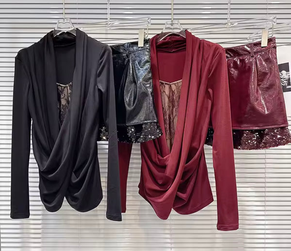 Women Sexy Full Sleeve Two Piece Sequins PU Leather Skirt Set