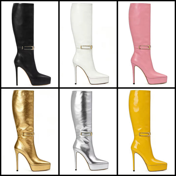 Women Pointed Toe Platform Buckled Knee Length High Heel Boots
