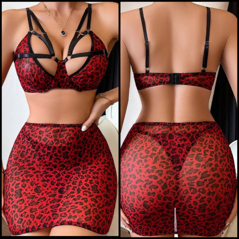 Women Sexy Red Leopard Print Lingerie Set