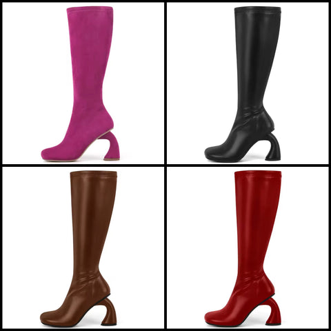 Women Color Square Toe Fashion Knee High Shaped Heel Boots