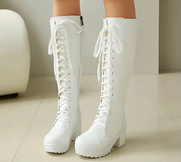 Women Fashion Faux Leather Tie Up Knee High Boots