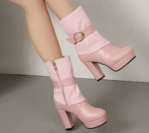 Women Color Round Toe Buckled Fashion High Heel Ankle Boots