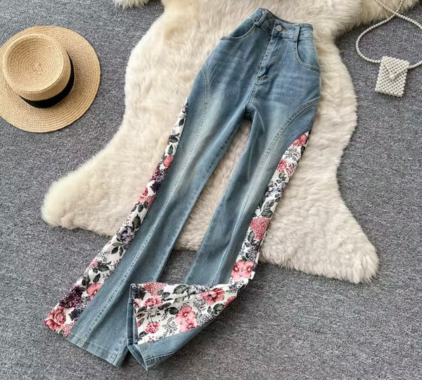 Women Strapless Floral Patchwork Denim Two Piece Pant Set