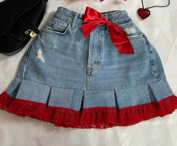 Women Sexy Strapless Denim Red Lace Patchwork Two Piece Skirt Set