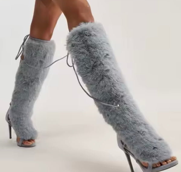 Women Fashion Open Toe Fur Patchwork Knee High Sandals