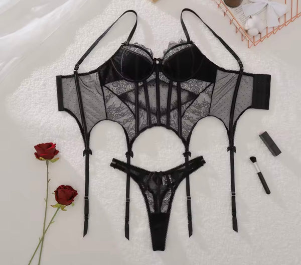 Women Black Sexy Sleeveless Lace Mesh Lingerie Set