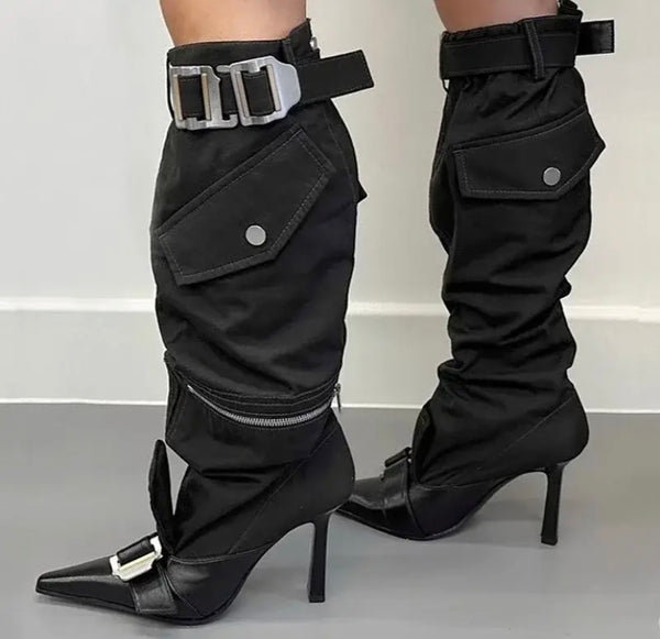 Women Fashion Pointed Toe Buckled Pocket Zipper Knee High Boots