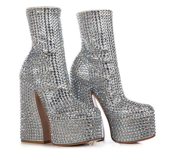 Women Silver Rivet Platform Fashion Ankle Boots