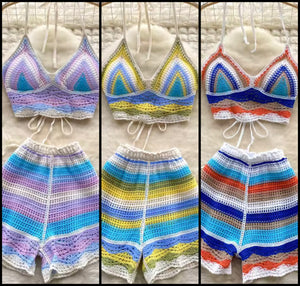 Women Fashion Multicolored Knitted Two Piece Short Set