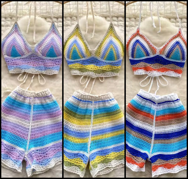 Women Fashion Multicolored Knitted Two Piece Short Set