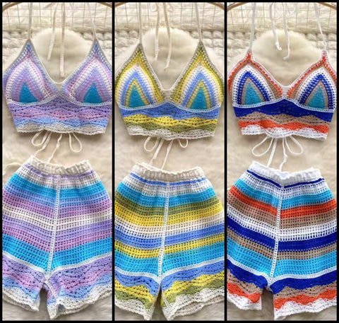 Women Fashion Multicolored Knitted Two Piece Short Set