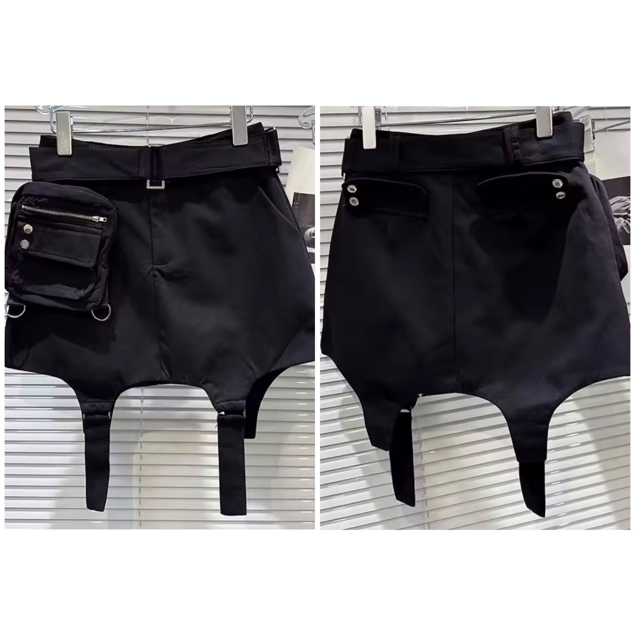 Women Black Fashion Pocket Belt Skirt